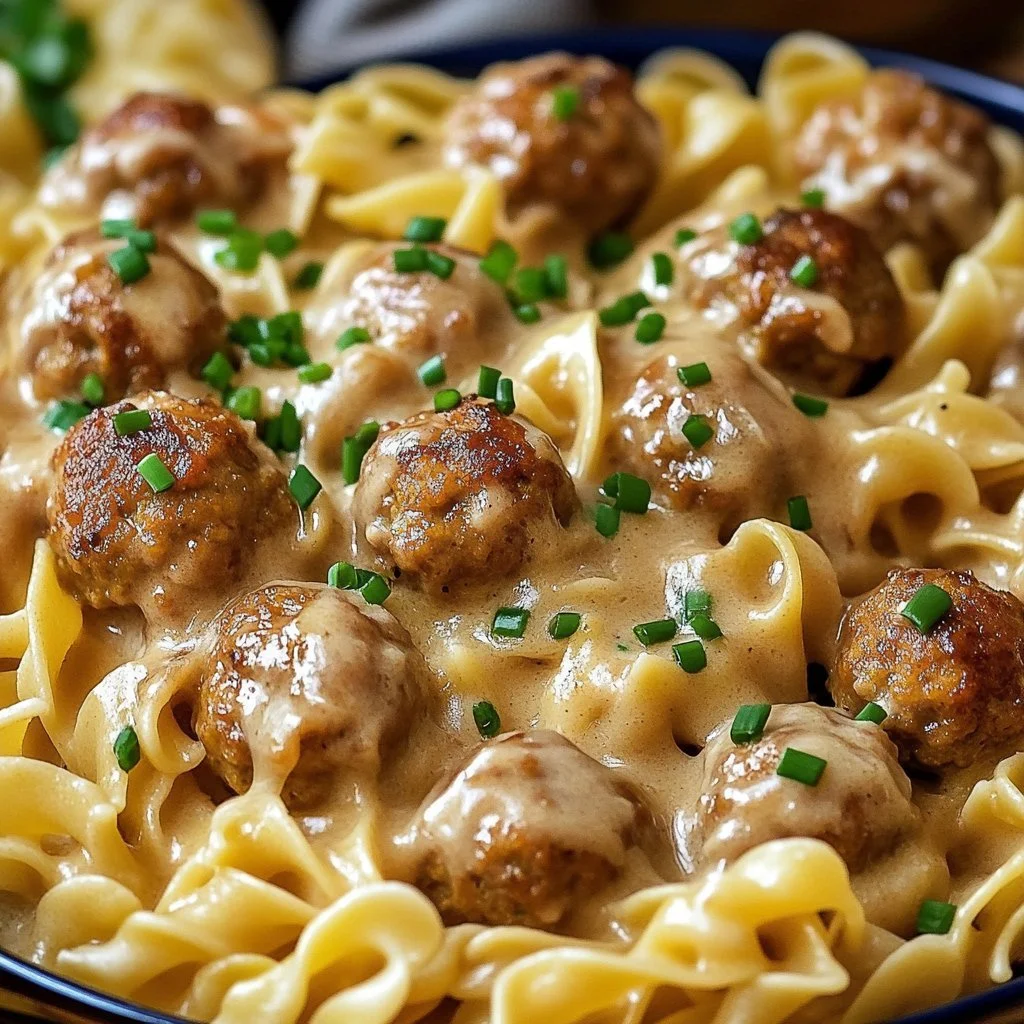 Delicious Swedish Meatball Noodle Bake with creamy sauce and meatballs