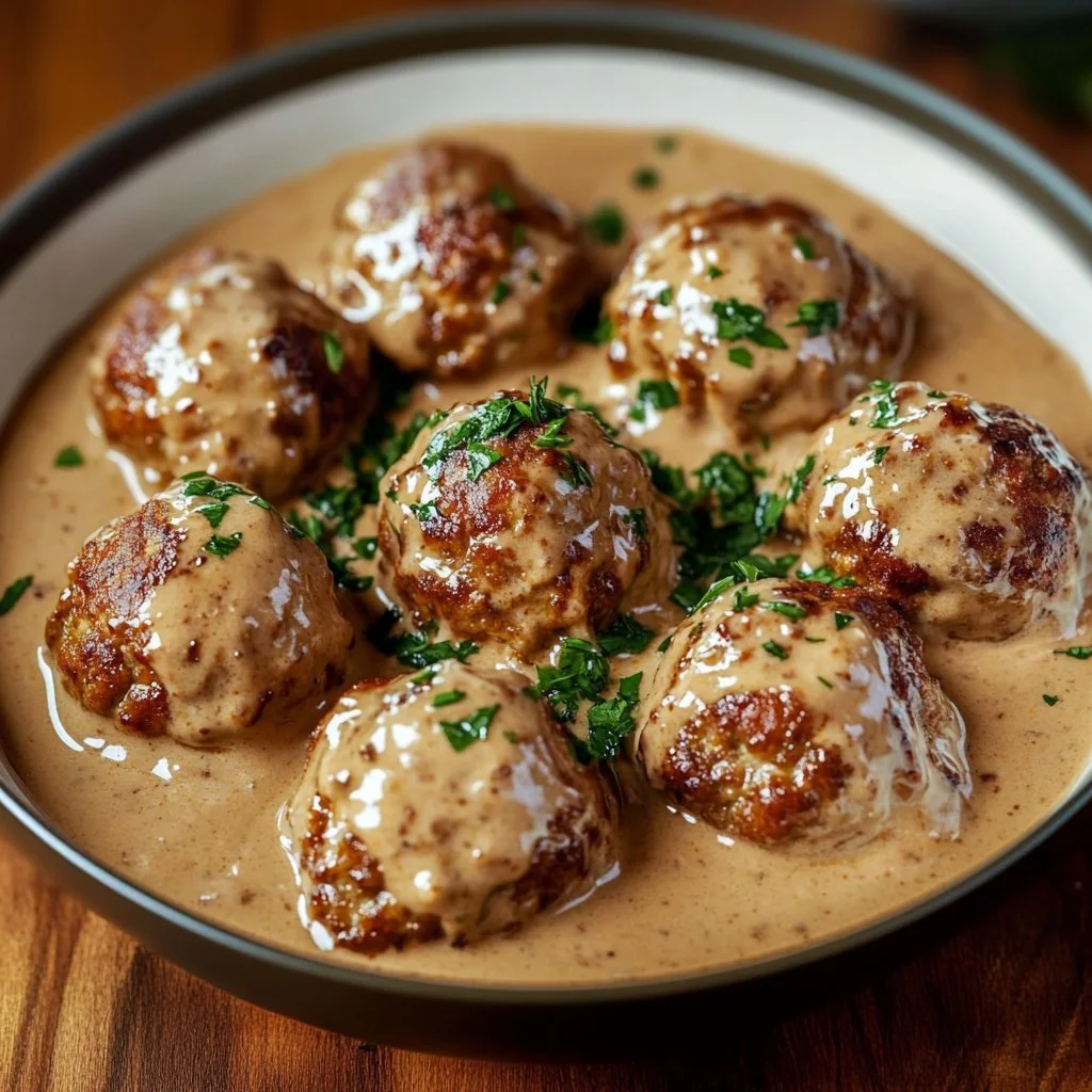 Plate of Swedish meatballs with creamy sauce and herbs