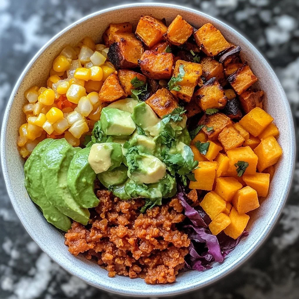 Tasty sweet potato taco bowl with vibrant toppings and fresh ingredients