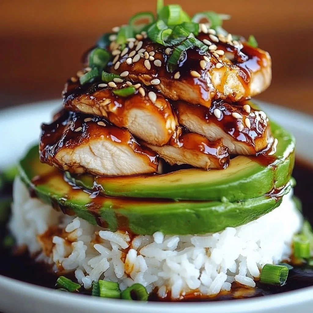 Teriyaki chicken served with avocado rice in a bowl