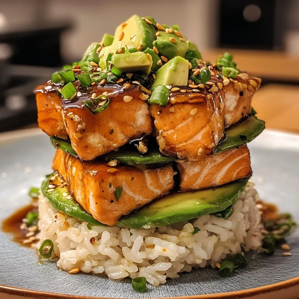 Teriyaki salmon avocado rice stack served on a plate with fresh ingredients