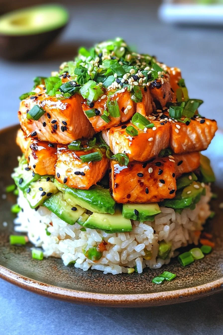 Teriyaki Salmon Avocado Rice Stack
