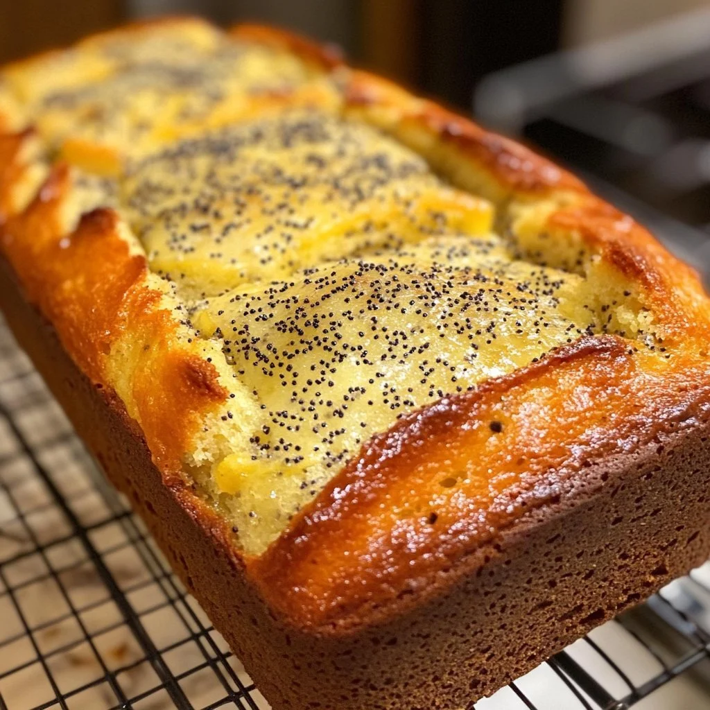 Delicious lemon poppy seed loaf cake with a golden crust and fresh lemon glaze