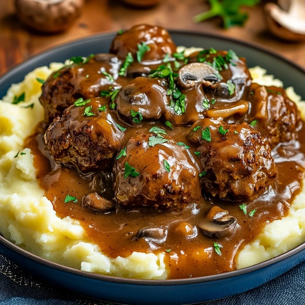 Delicious Salisbury steak meatballs with rich mushroom gravy on a plate.