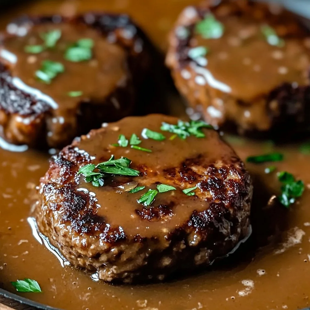 Delicious homemade Salisbury steak served with rich gravy and mashed potatoes.