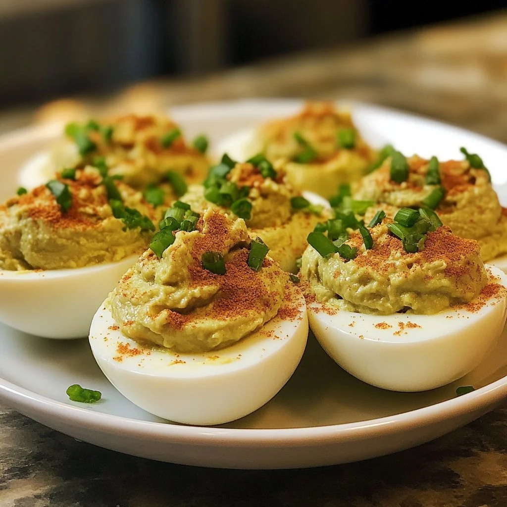 Tuna Avocado Devilled Eggs on a platter ready to serve.