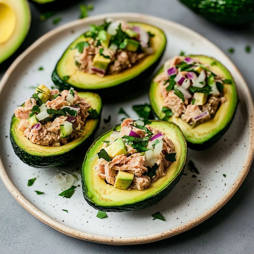 Tuna-Stuffed Avocados with fresh ingredients on a plate
