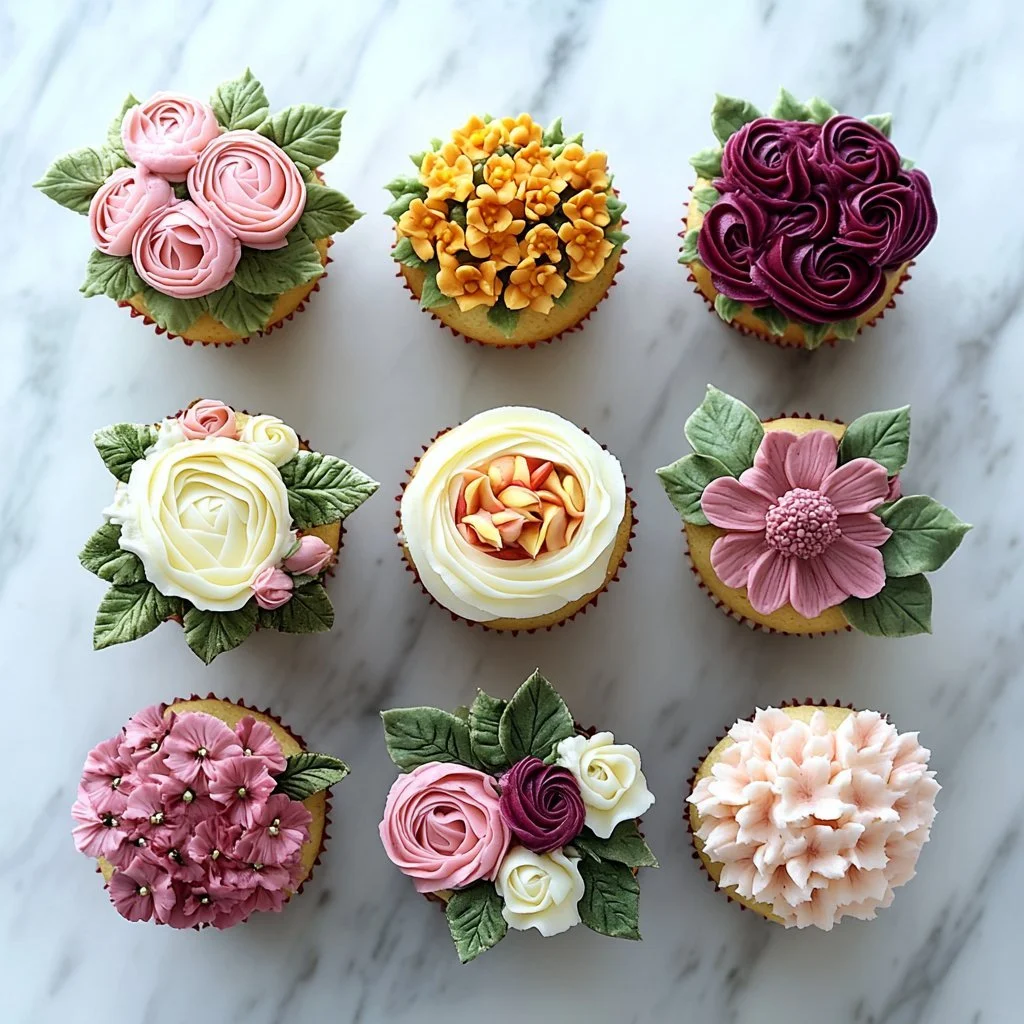 Vanilla cupcakes decorated with beautiful buttercream flowers