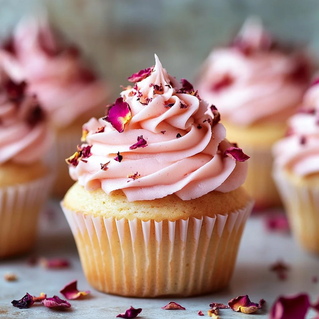 Delicious vanilla rose cupcakes with a floral frosting and decorative rose petals