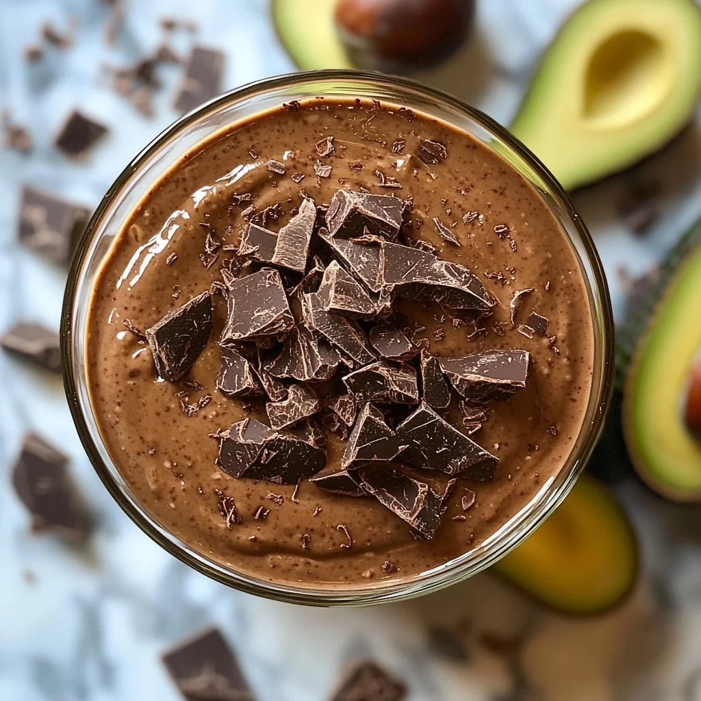 Vegan avocado chocolate pudding served in a bowl with a spoon