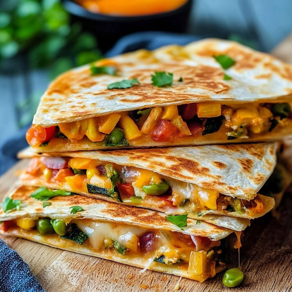 Plate of vegetarian quesadillas with fresh vegetables and melted cheese