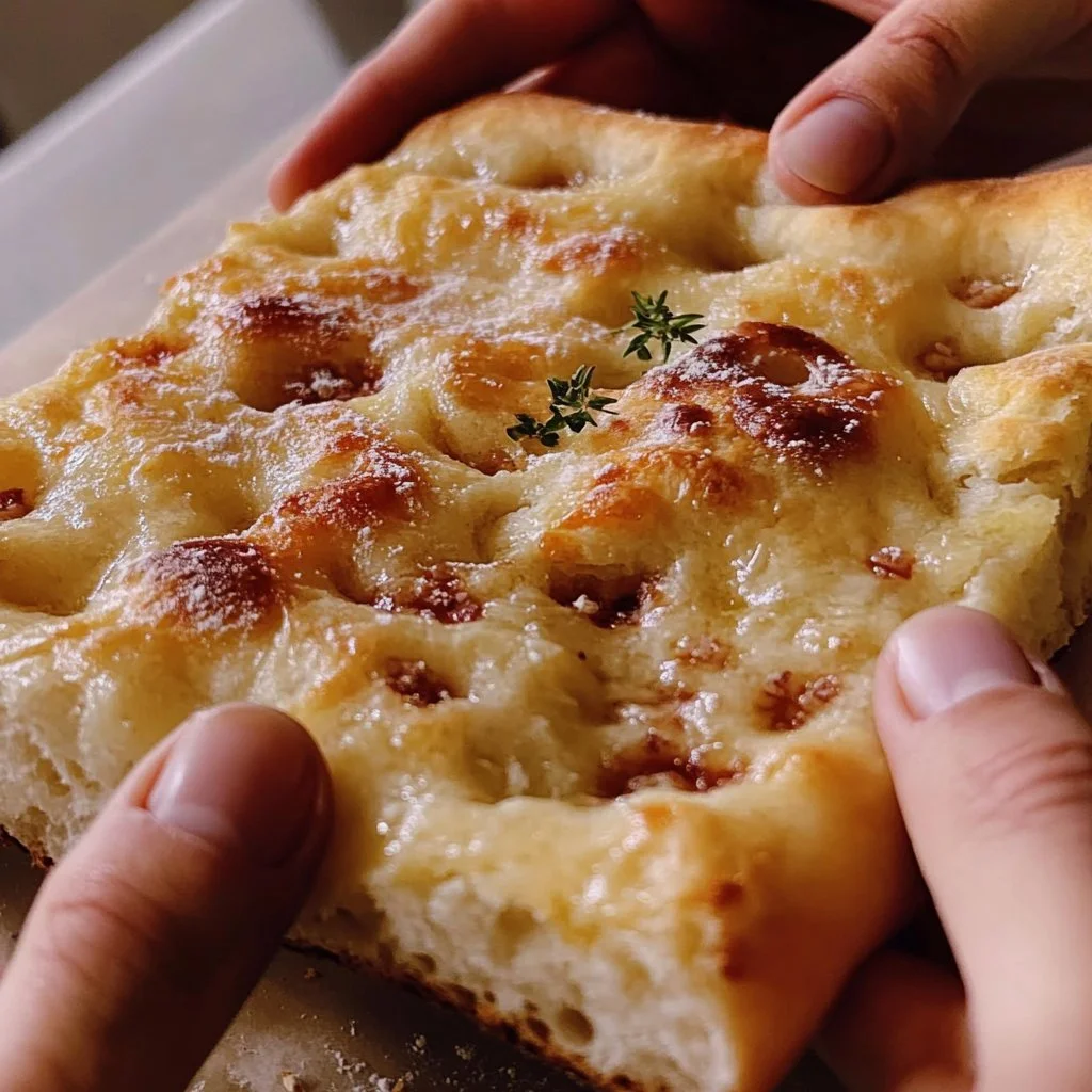 A freshly baked focaccia topped with herbs and olive oil, showcasing homemade bread.
