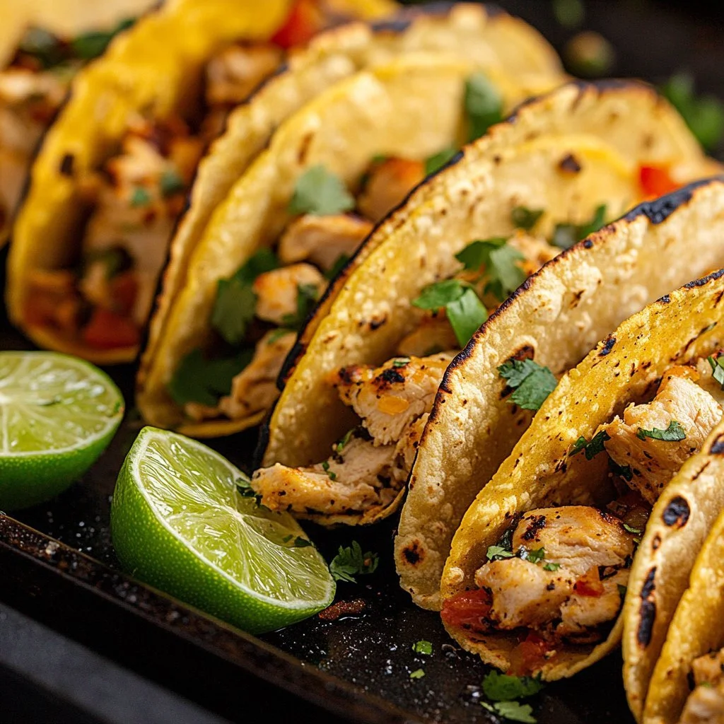 Delicious baked chicken tacos topped with fresh ingredients and served on a plate