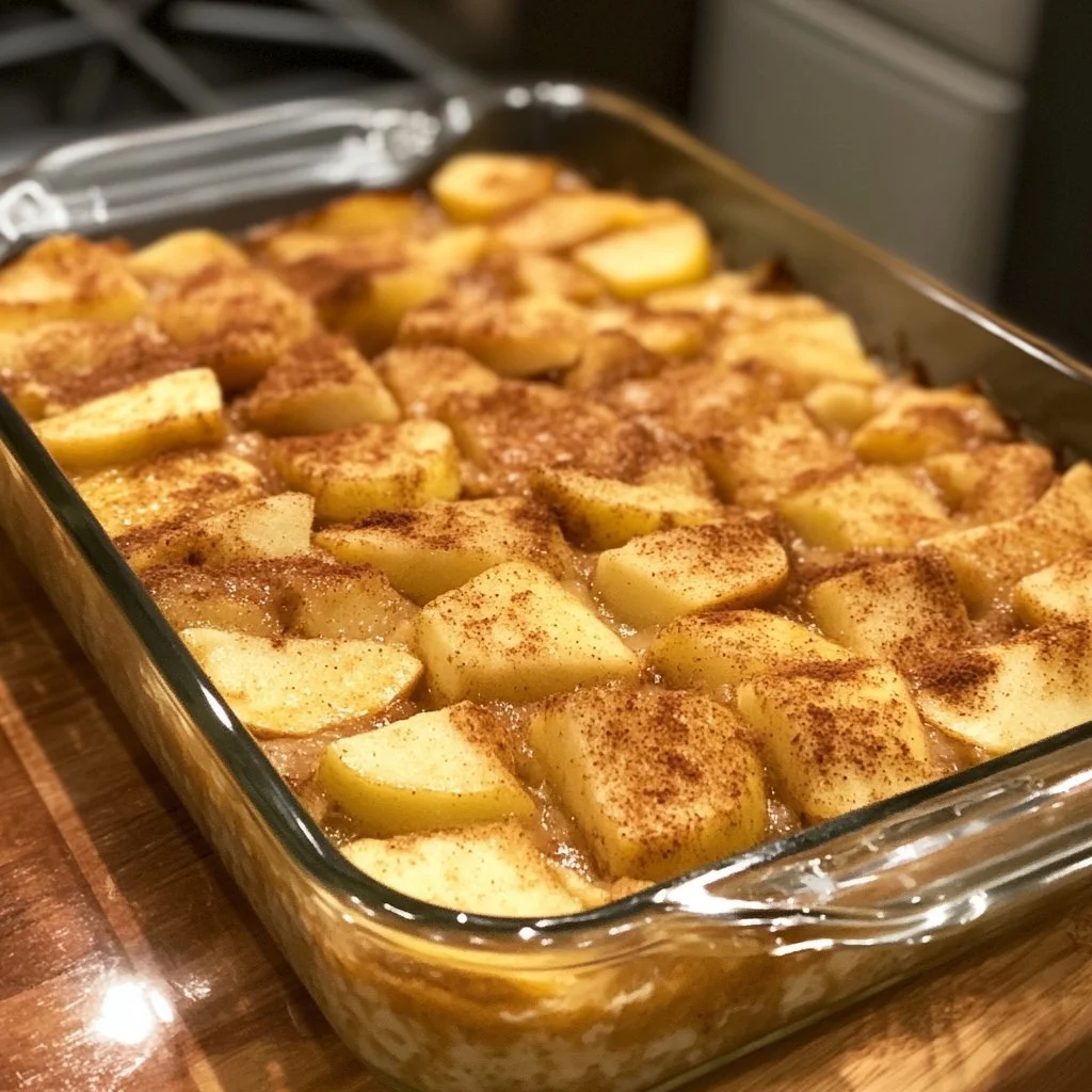 Apple Cinnamon Cottage Cheese Bake with a golden crust and apple slices.