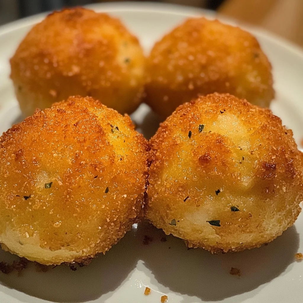 Golden baked arancini served on a platter, ideal Italian snack