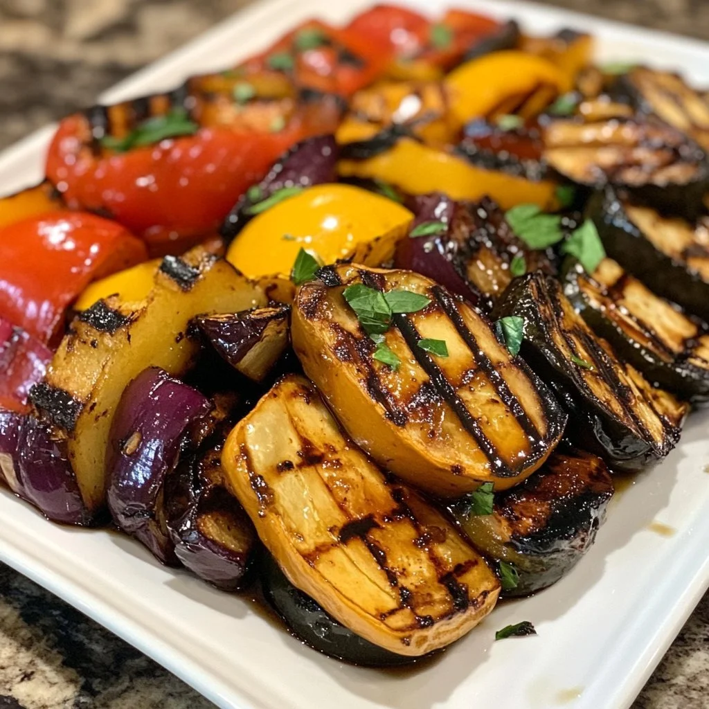 Balsamic grilled vegetables on a serving platter, showcasing vibrant colours