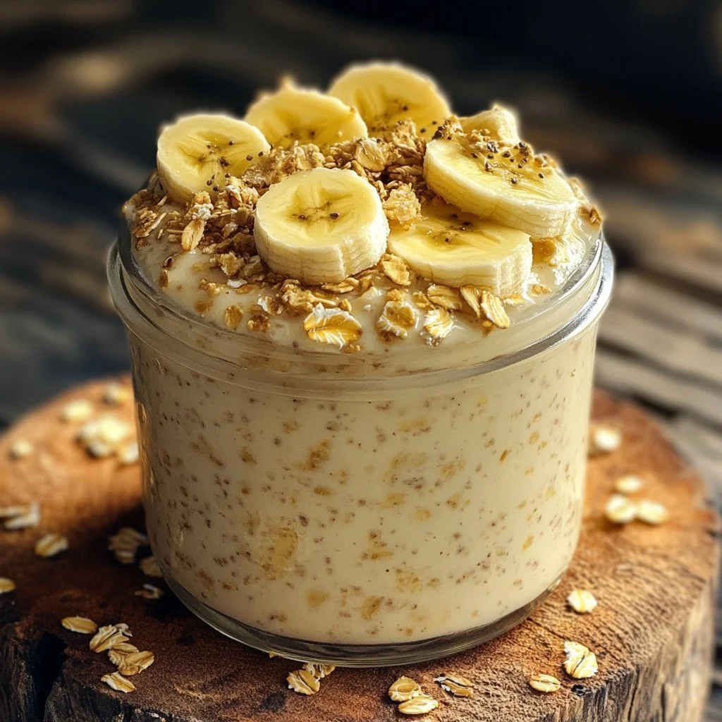 Delicious Banana Cream Pie Overnight Oats served in a jar with banana slices