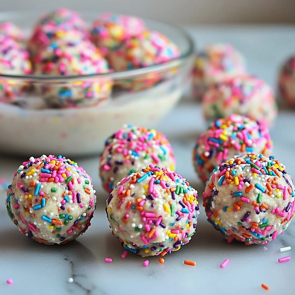 Birthday Cake Batter Protein Balls stacked on a colorful plate.
