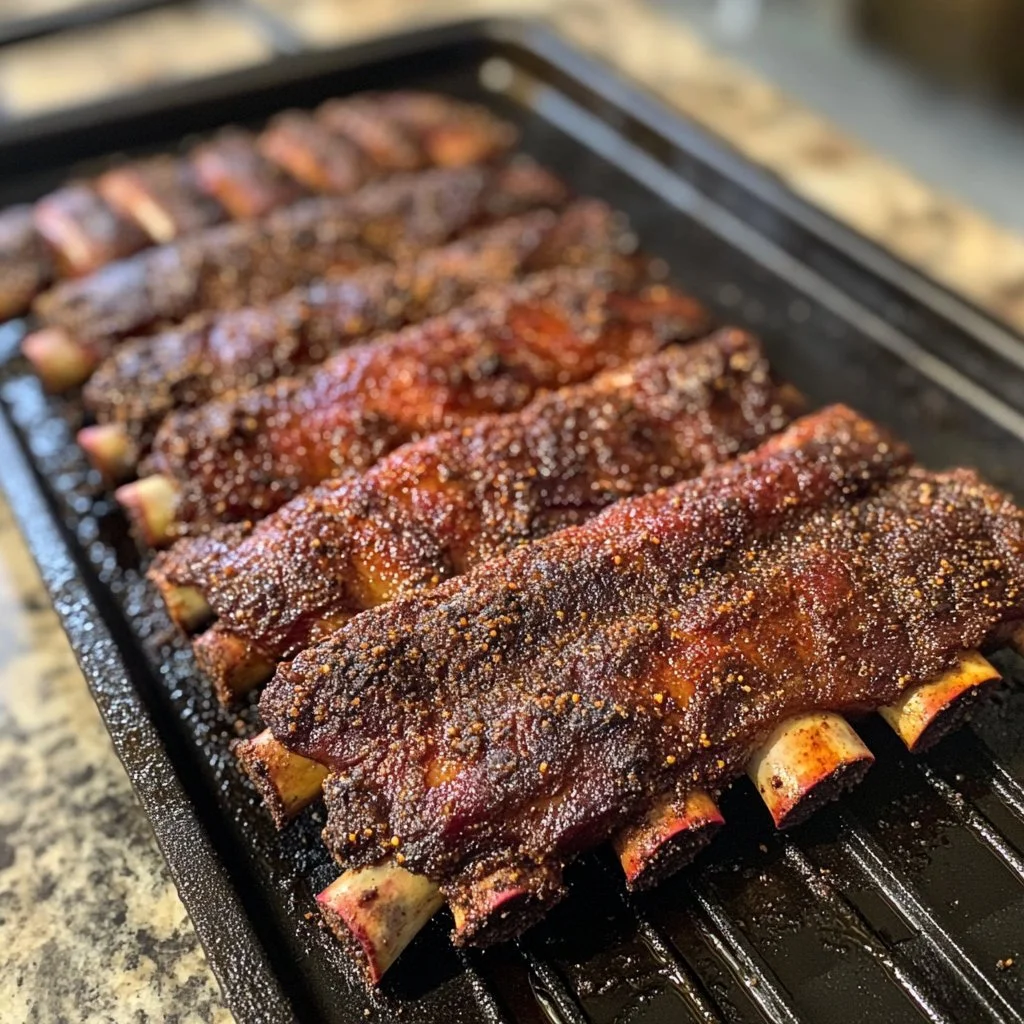 Bobby Flay’s delicious dry rub ribs ready for serving at a barbecue