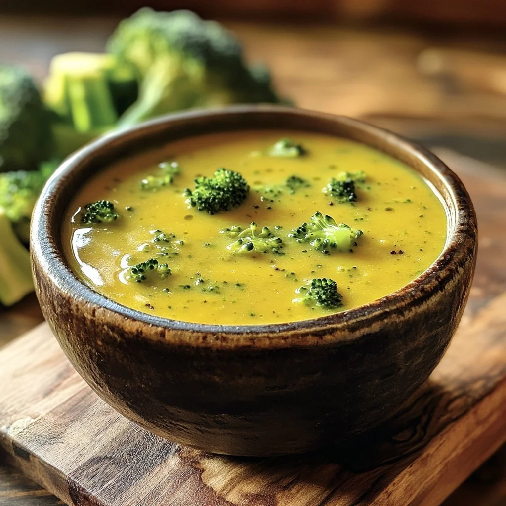 Bowl of homemade Broccoli Cheddar Soup garnished with fresh broccoli and cheese.