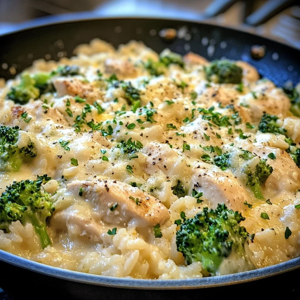 Cheesy Chicken Skillet with Broccoli and Rice served in a frying pan