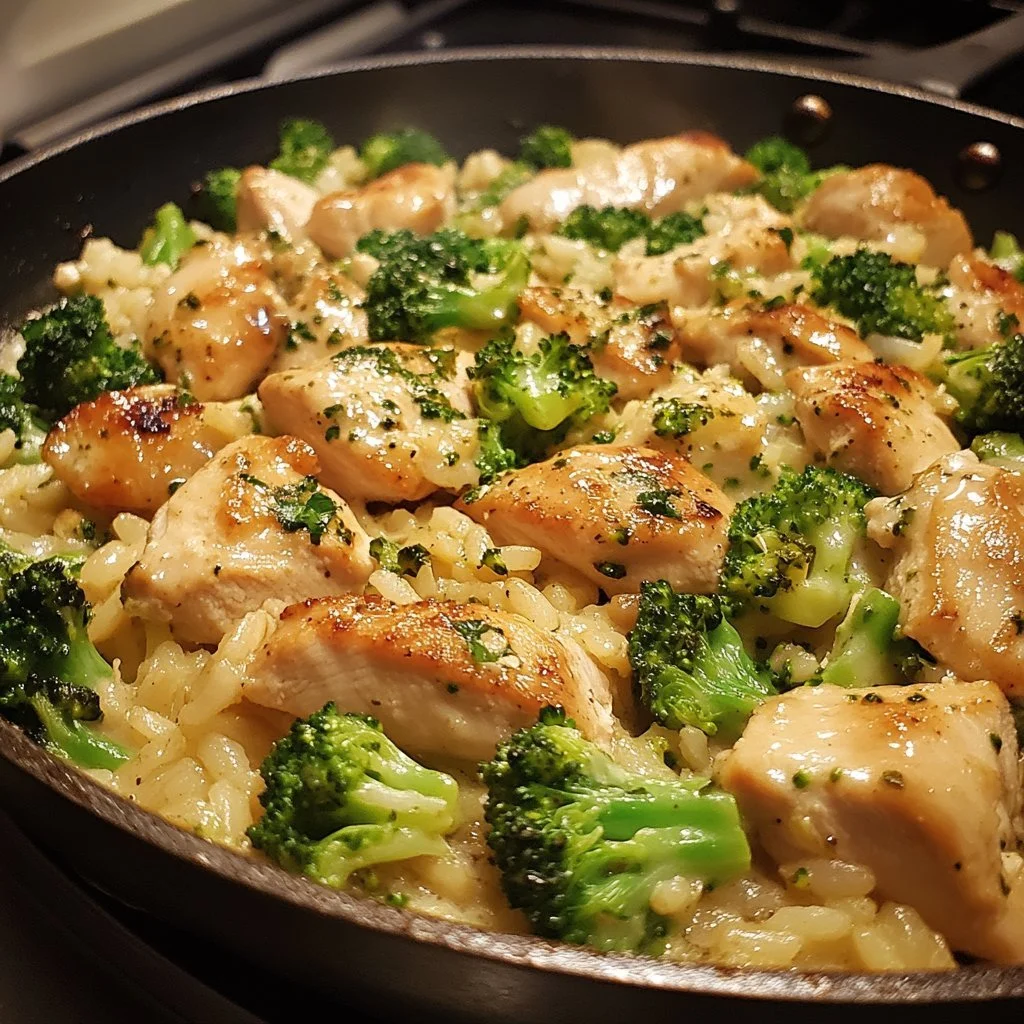 Cheesy Chicken Skillet with Broccoli and Rice served in a skillet