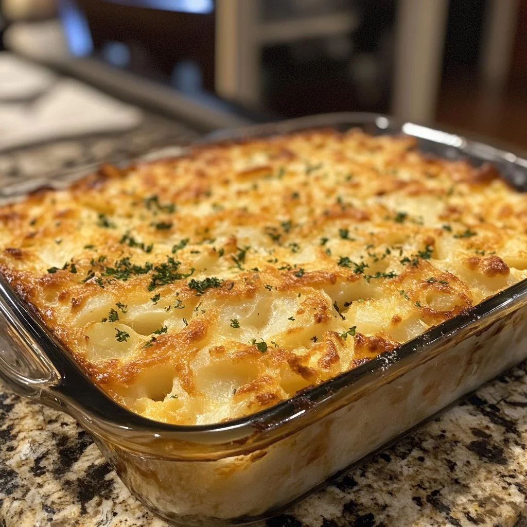 Baked cheesy hash brown potato dish topped with golden crust
