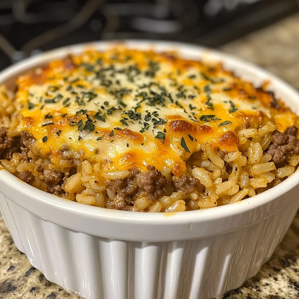 Cheesy minced beef and rice casserole served in a baking dish