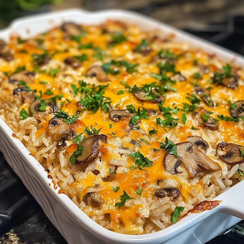 Cheesy mushroom and rice bake dish served hot in a bowl