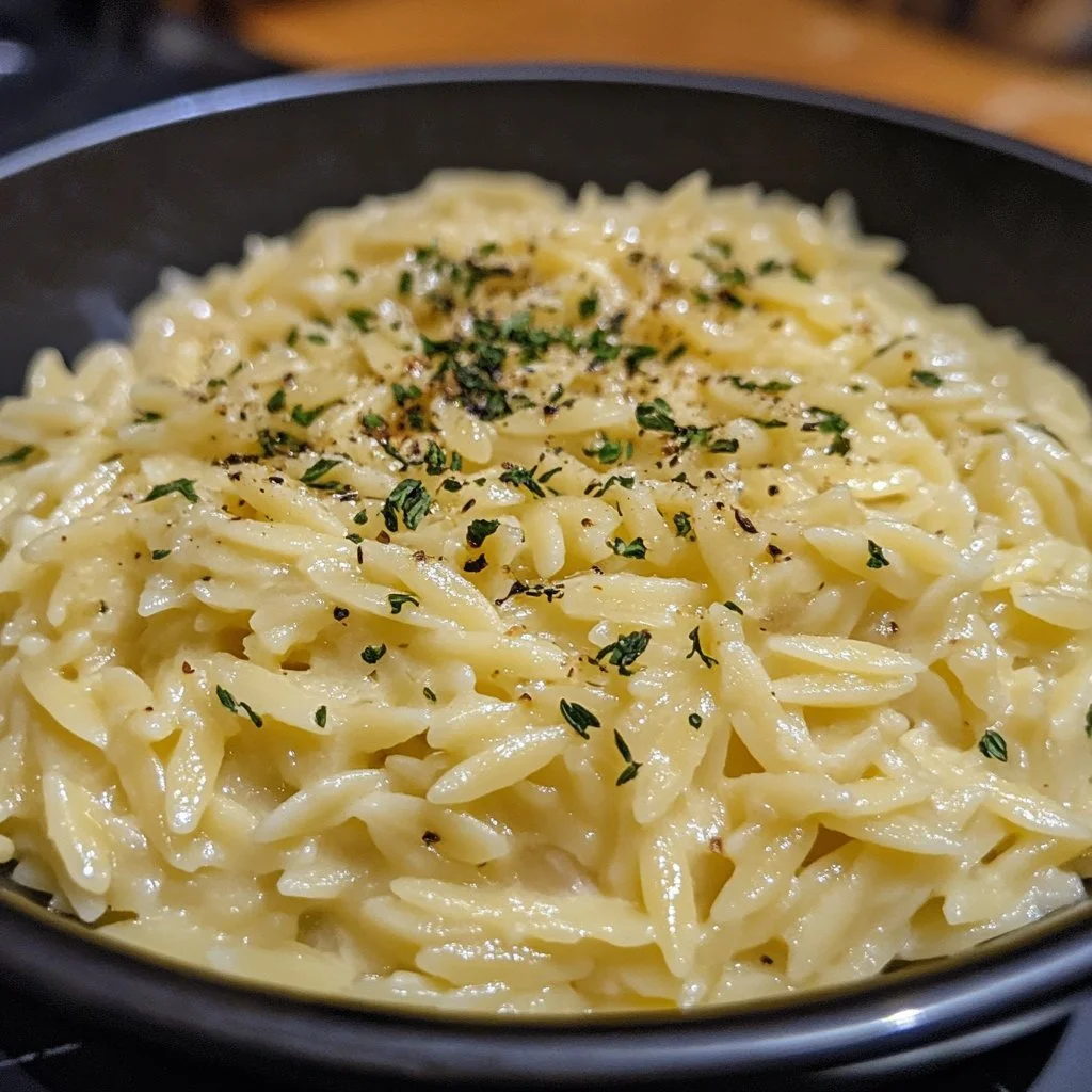 Cheesy orzo pasta dish served in a bowl