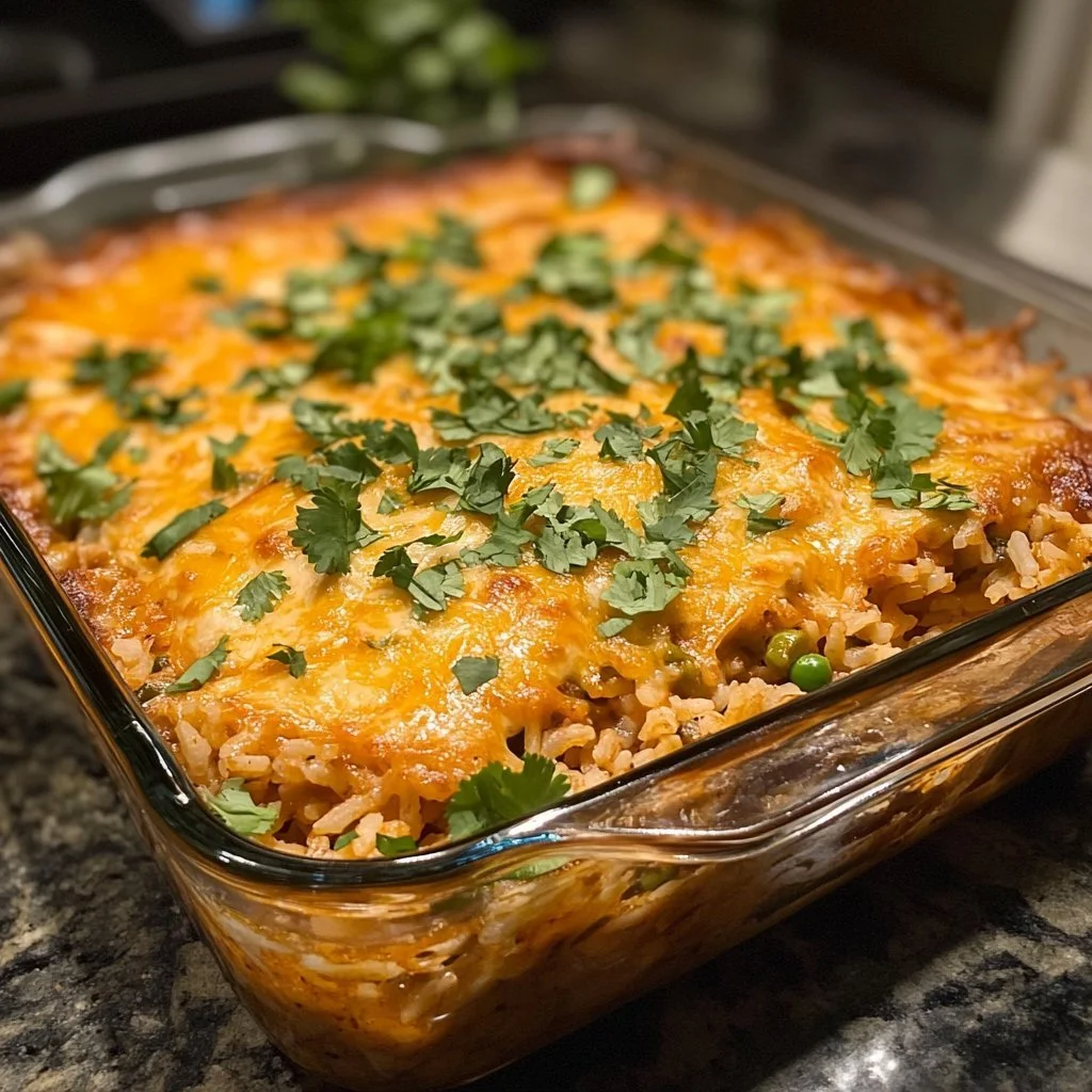 Delicious Chicken Enchilada Rice Bake with melted cheese and vibrant toppings.