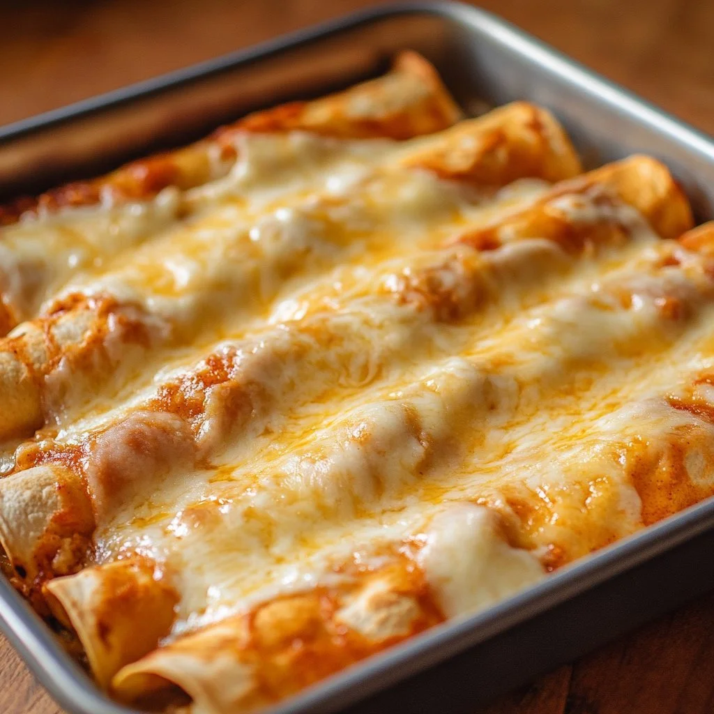 Delicious chicken enchiladas topped with creamy white sauce