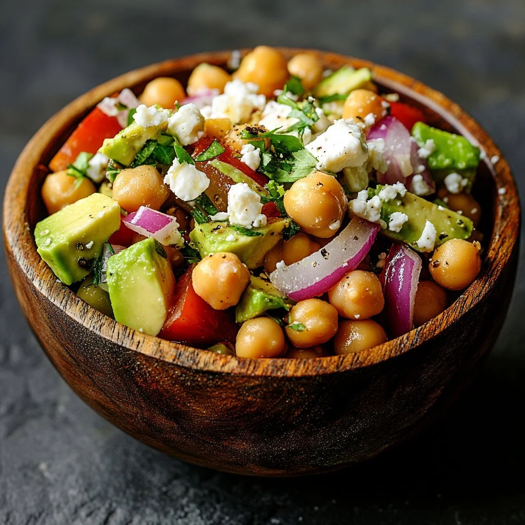 Chickpea feta avocado salad with fresh vegetables in a bowl.