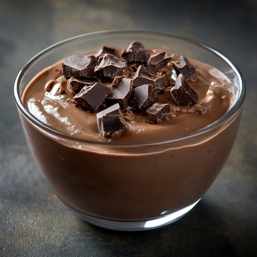 Delicious chocolate protein pudding in a bowl, perfect for a healthy dessert.