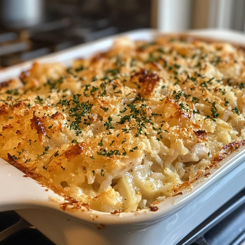 Delicious French onion chicken rice bake topped with cheese and caramelised onions.