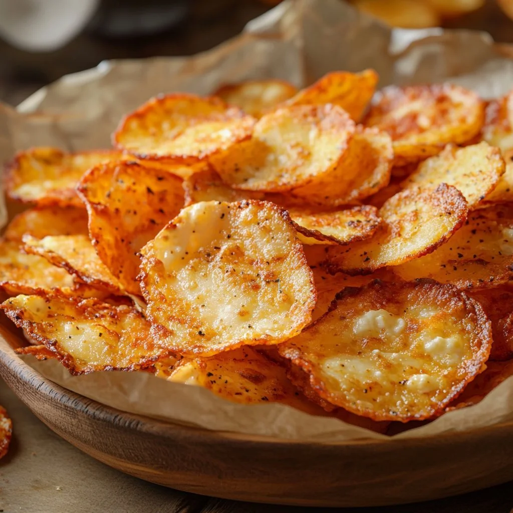 Cottage cheese chips served in a bowl, a healthy snack option.