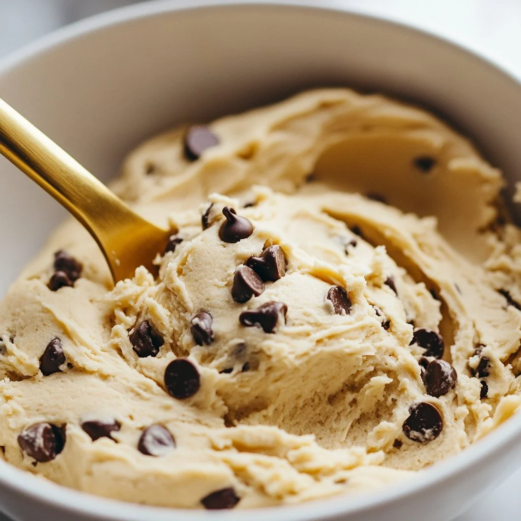 Bowl of cottage cheese cookie dough with chocolate chips and a spoon.