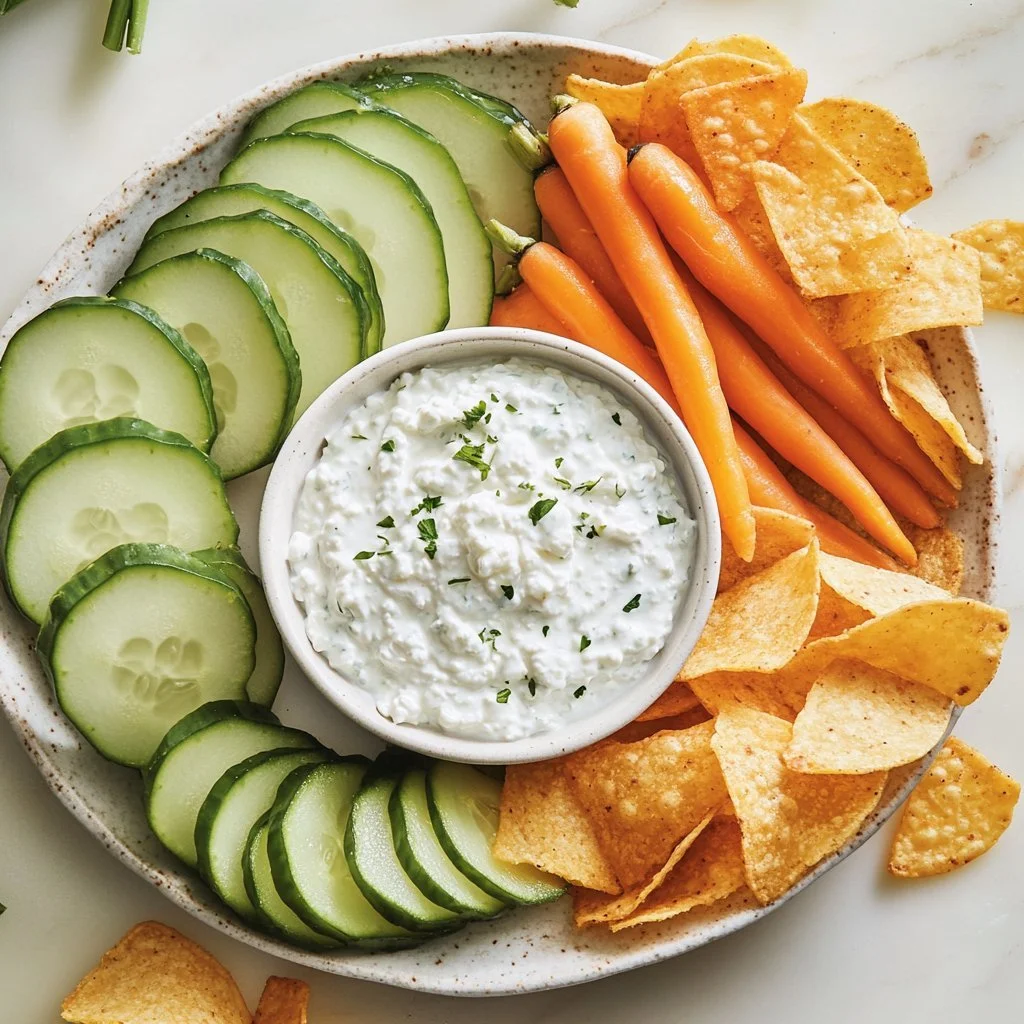 Delicious cottage cheese ranch dip served with fresh vegetable sticks.