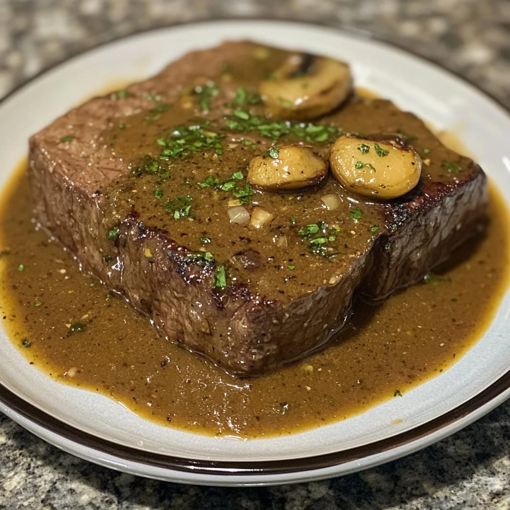 Deliciously cooked Crockpot cube steak served with mashed potatoes.