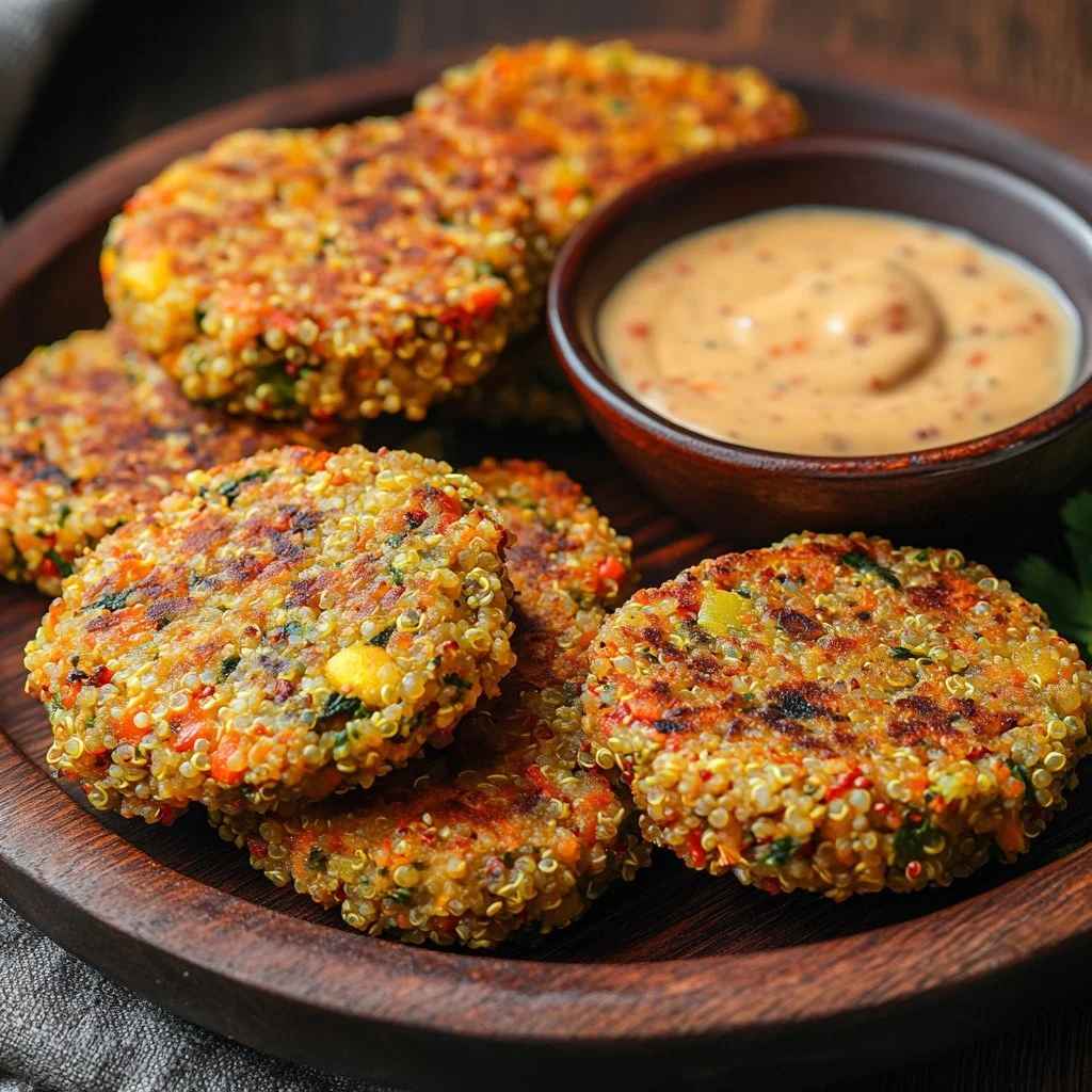Crunchy quinoa veggie patties served with fresh vegetables