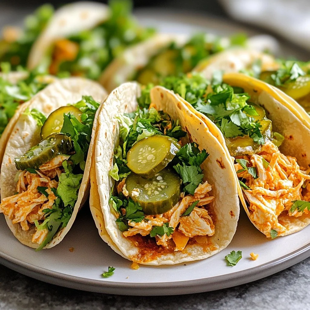 Dill Pickle Ranch Smash Chicken Tacos garnished with fresh ingredients