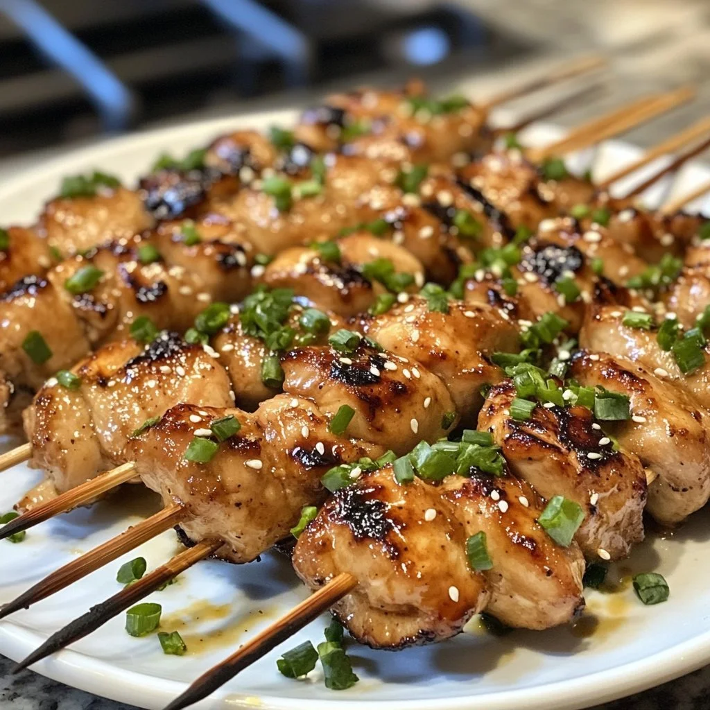Easy grilled chicken skewers with honey garlic sauce on the grill.