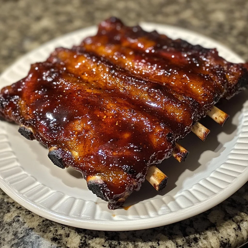 Delicious fall off the bone ribs served on a plate with BBQ sauce