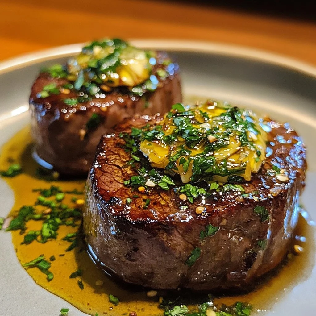 Delicious Filet Mignon topped with Garlic Herb Butter on a plate