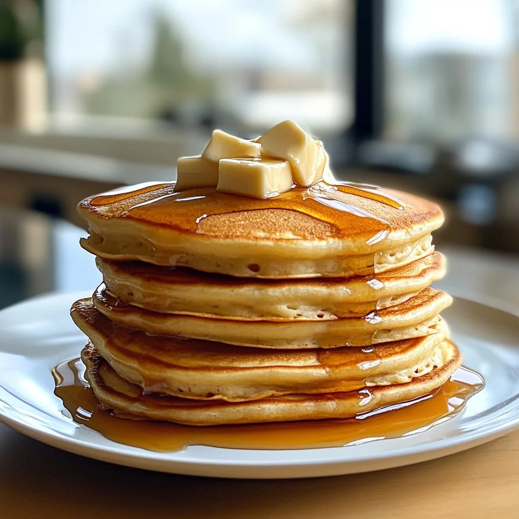 Delicious fluffy pancakes stacked on a plate with syrup and berries