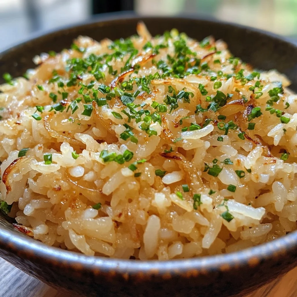 Bowl of French Onion Butter Rice topped with caramelised onions and herbs