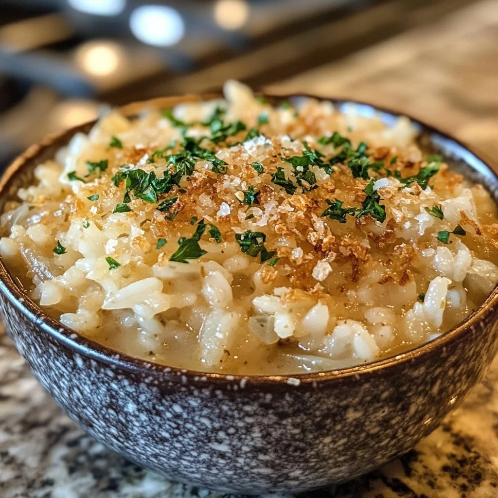 Delicious bowl of French onion soup rice garnished with herbs and cheese.
