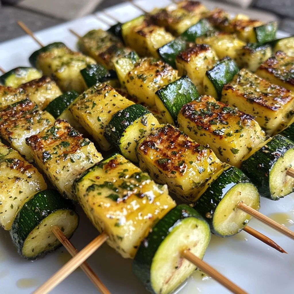 Grilled garlic butter courgette skewers on a serving platter