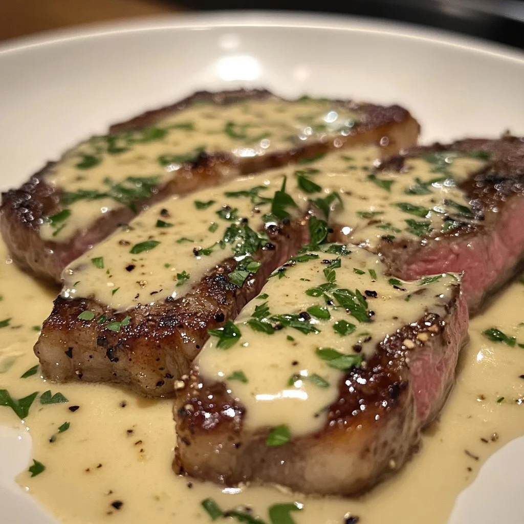 Garlic Butter Steak topped with Parmesan Cream Sauce served on a plate.
