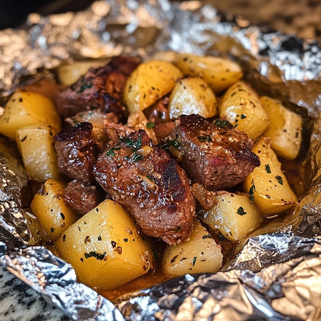 Garlic steak and potato foil parcels ready for serving
